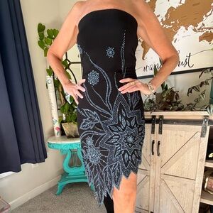 Medium Vintage Lipstick Boutique Strapless Black Dress Blue Beading Rhinestone